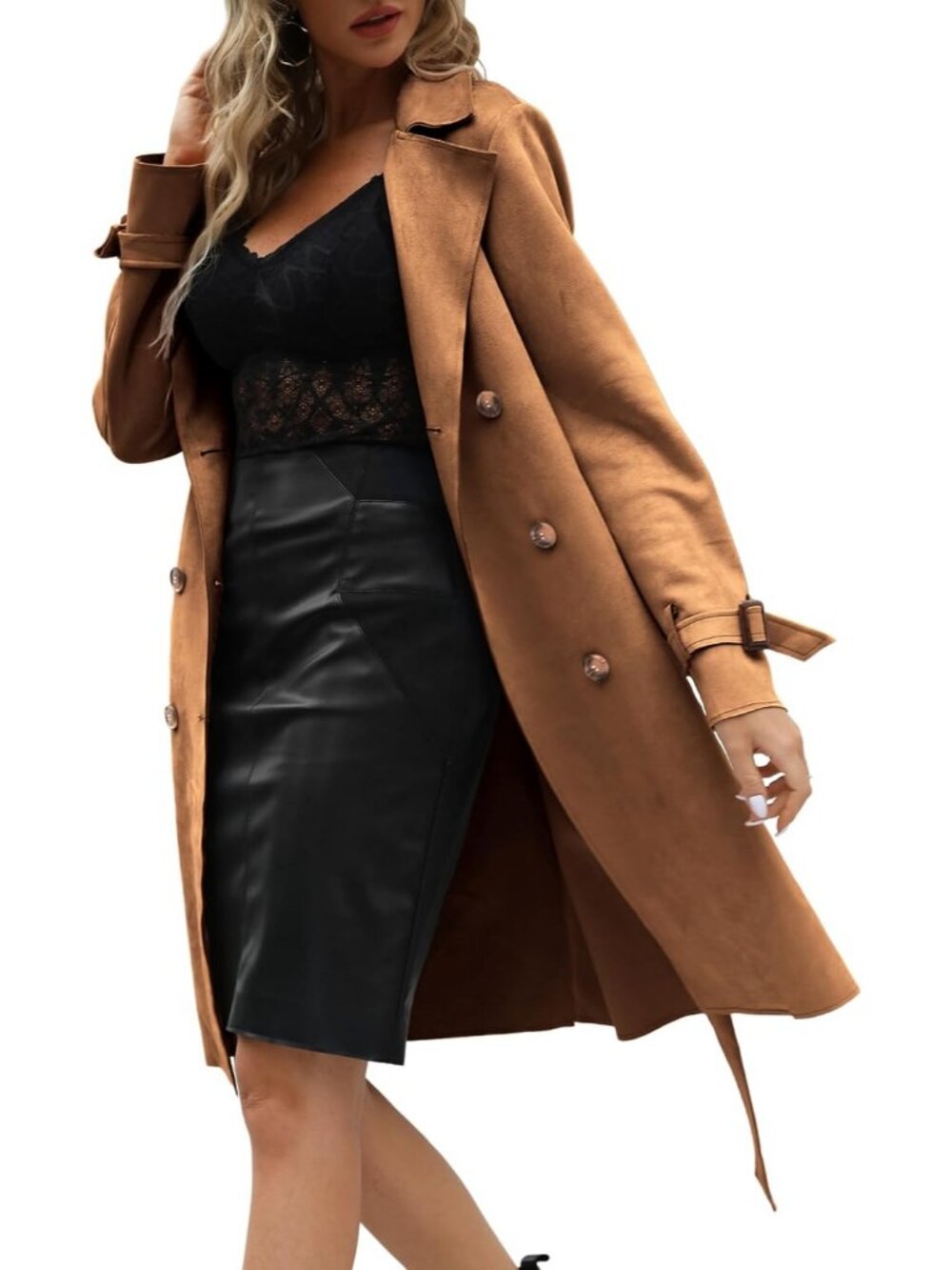 Women's Camel Polyester Long Sleeve Classic Cuffs Pockets Trench Coat Jackets